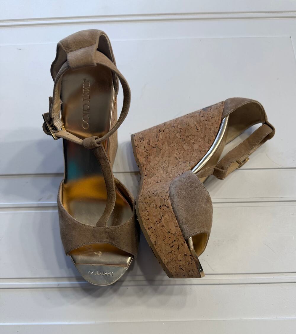Jimmy Choo Womens Sz 38/US 7.5 Pela Tan Suede Cork Wedge Sandals Shoes Shimmer